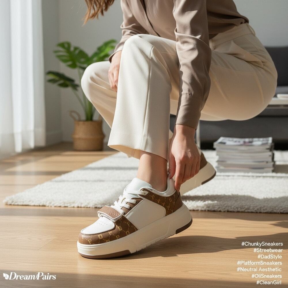 Womens 6 DREAM PAIRS Neutral Oli Chunky Platform Sneakers Monogram Print LowTops